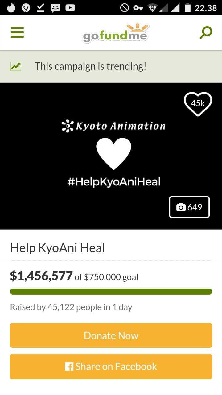Penggalangan Dana Online Bagi Kyoto Animation Sentuh 20 Miliar Rupiah