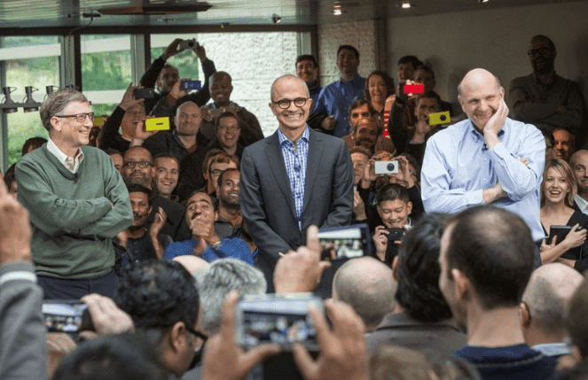 Tiga CEO Microsoft dari masa ke masa, Bill Gates, Satya Nadella, dan Steve Ballmer.